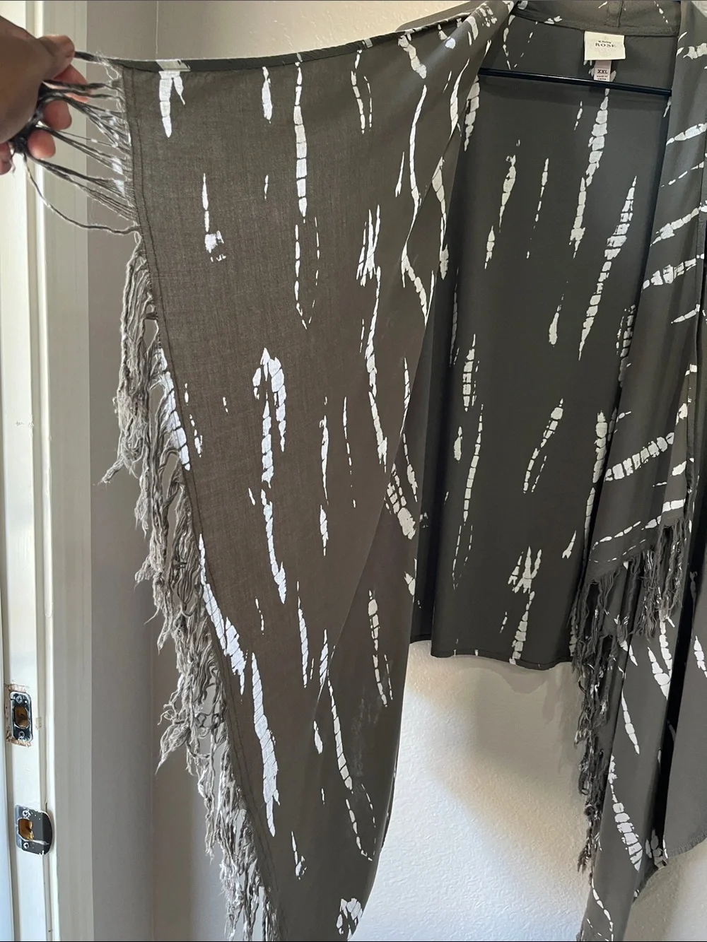 Knox Rose Olive White Fringe Open Cardigan Sz XXL Boho Flowy Fringe Chic